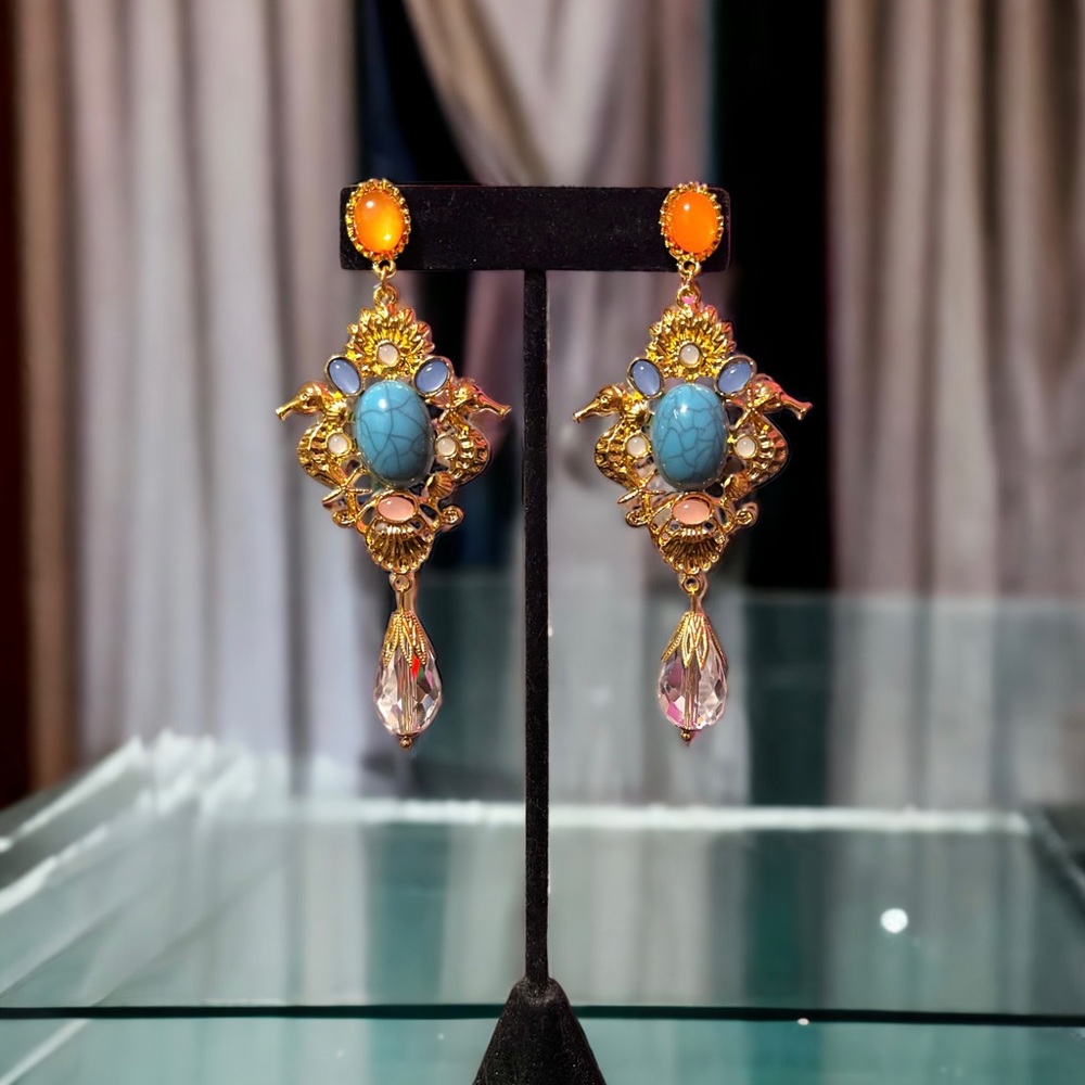 Turquoise Crystal Multi-Color Gold Tone Statement Earrings Sterling Silver Posts